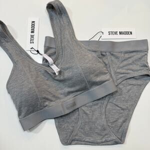 STEVE MADDEN Women's Ribbed Stretch Bralette, panty set heather grey, medium